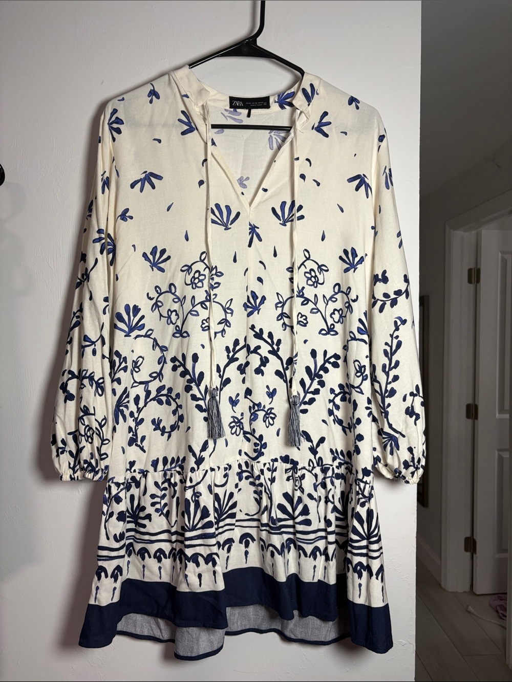 Zara Cream Dress with Navy Floral Print and Tassel Tie size xs